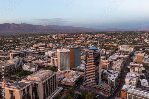 Skyline of Tucson Arizona at dusk, drone shot. 