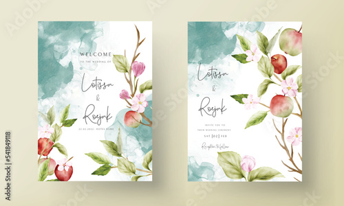 vintage floral watercolor botanical apple and pink flower wedding invitation template