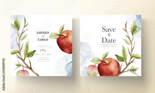 Wedding invitation template set with watercolor apple fruit and floral decoration