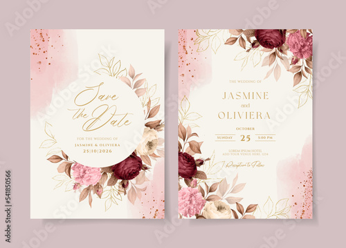 Elegant floral wedding invitation and menu template set with roses and leaves decoration