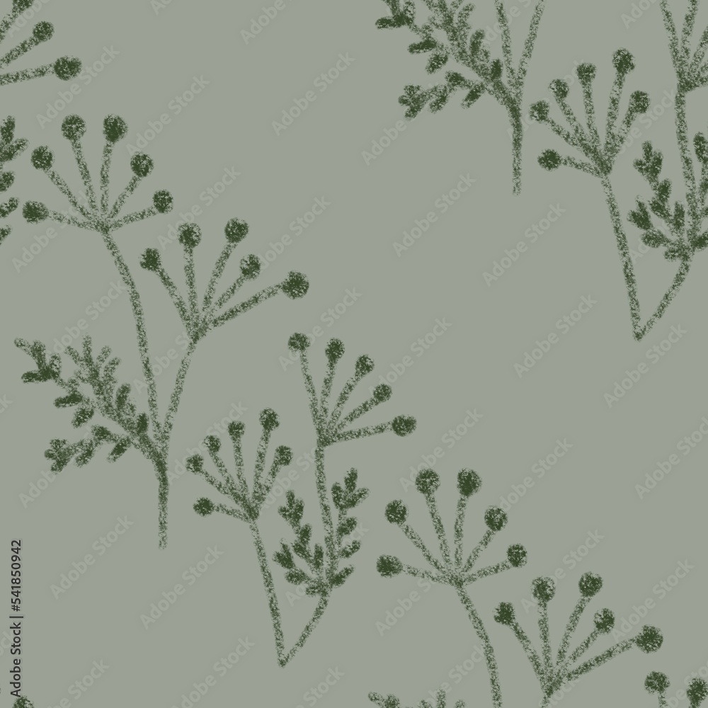 Hand drawn seamless pattern sage green background with leaf leaves greenery. Pastel neutral boho bohemian minimalist floral garden design, natural tree branch flora print.
