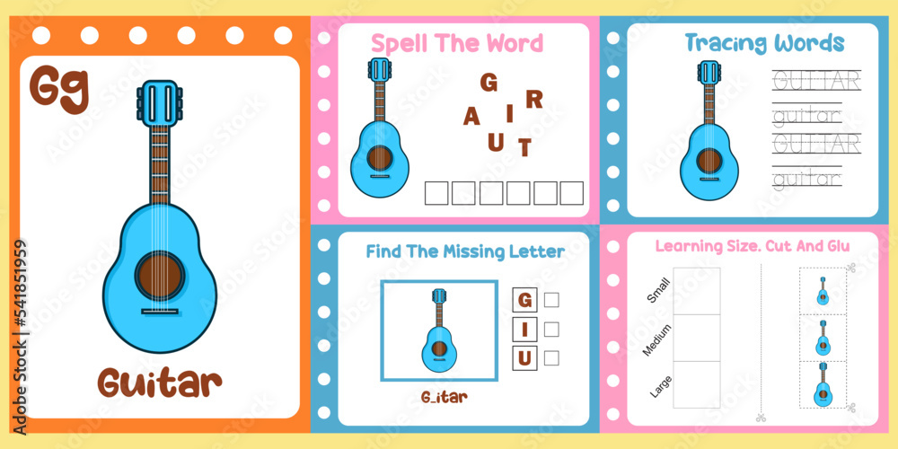 worksheets pack for kids with guitar vector. children's study book ...