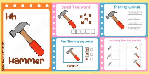 worksheets pack for kids with hammer vector. children's study book