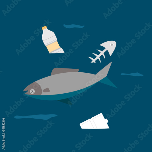 Dead fish floating in the lake flat design. Water pollution concept vector illustration.