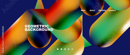 Glassmorphism landing page background template. Colorful glass shapes with metallic effect abstract composition for wallpaper, banner, background