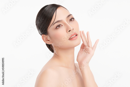 Beautiful young asian woman with clean fresh skin on white background, Face care, Facial treatment, Cosmetology, beauty and spa, Asian women portrait.