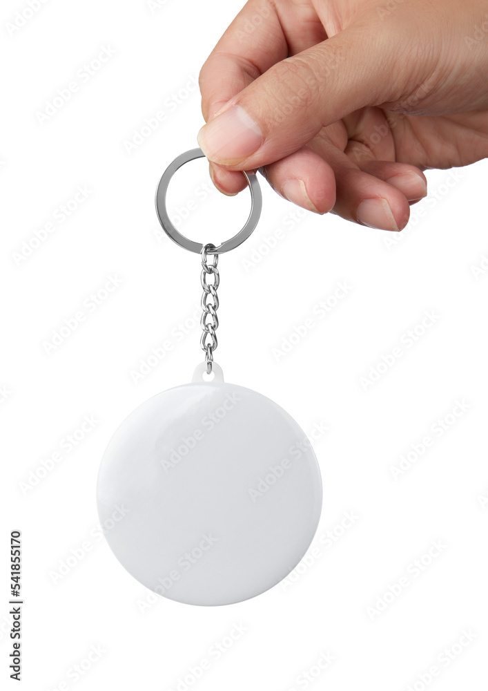 Hand holding a white blank badge. Glossy round button. Pin badge mockup isolated on white background Hand holding a white blank badge. Glossy round button. Pin badge mockup isolated on white background