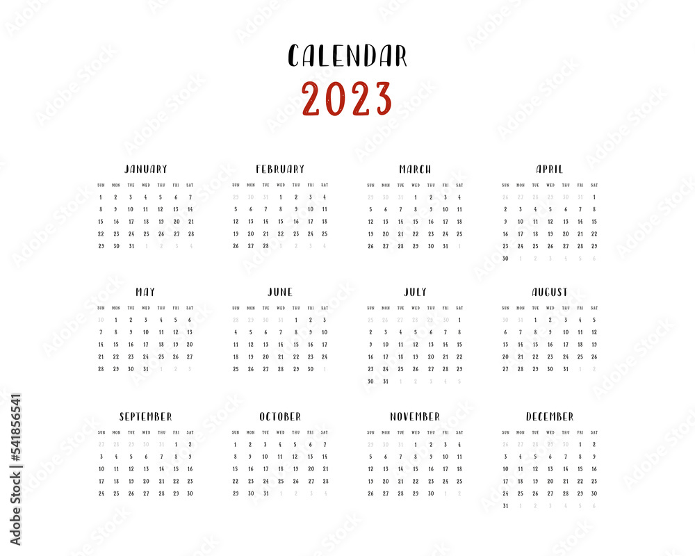 Hand drawn 2023 calendar template in english. Vector illustration