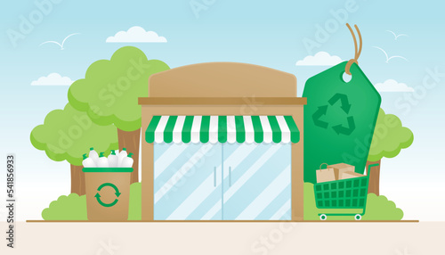 sustainable store with green shopping cart and reusable packaging bin on tree background illustration vector