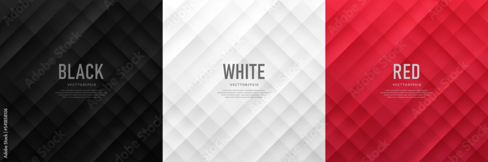 Set of abstract gradient white gray, black, red square tile pattern minimal background. Simple futuristic geometric texture background with copy space. Use for cover template, poster, web banner.