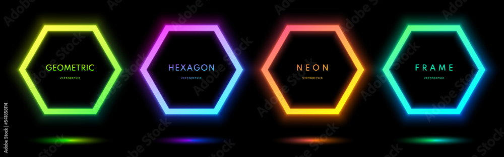 Set of glowing neon lighting lines isolated on black background. Blue, red-purple, green illuminate frame collection design. Abstract cosmic vibrant color hexagon border. Top view futuristic style. - obrazy, fototapety, plakaty 