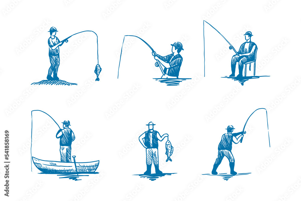 set of people fishing illustration sketch hand drawn