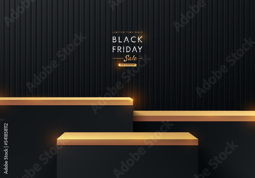 Realistic 3D black, golden steps cube box stand podium with vertical lines texture dark background. Black friday sale concept, Vector abstract minimal scene products stage showcase, Promotion display.