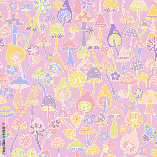Abstract psychedelic surface pattern design. Colorful retro seamless pattern with hand drawn groovy elements, flowers and mushrooms. Vintage 60s hippie vector background