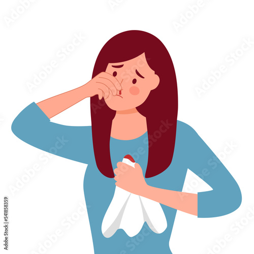 Young woman with a nosebleed in flat design on white background.