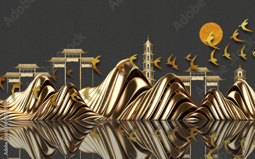 Chinese style gilt bronze ink landscape painting background wall porch decorative painting illustration photo