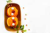 orange cake dessert snack delicious arrangement flat lay style on background white 
