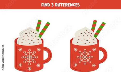 Find 3 differences between two red cups of cacao.
