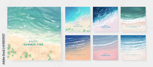 Set of vector landscape background. Beautiful illustration of sandy summer beach. Summer holidays poster or banner design template