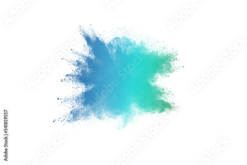 Blue and green pastel powder explosion isolated on white background.