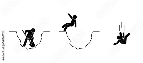 man fell into a hole, falling down illustration, be careful warning sign
