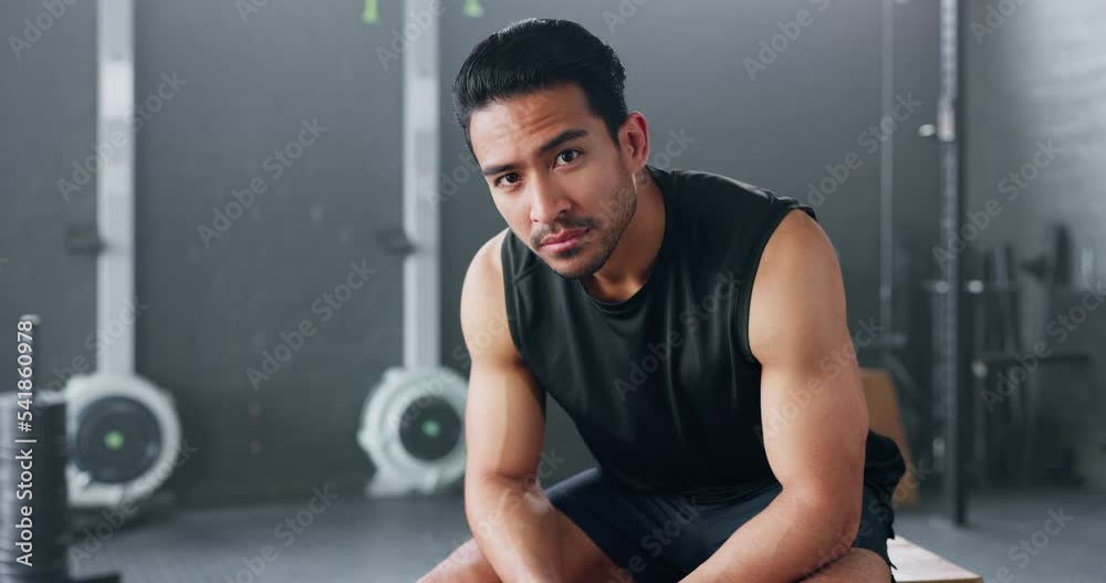 Portrait of man, fitness and healthy gym sports muscle training athlete. Young calm Asian male, wellness exercise workout motivation and bodybuilder vision relax in lifestyle health club studio Portrait of man, fitness and healthy gym sports muscle training athlete. Young calm Asian male, wellness exercise workout motivation and bodybuilder vision relax in lifestyle health club studio
