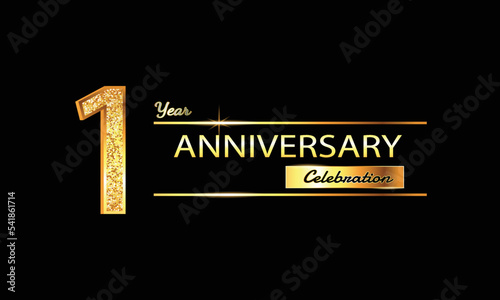 1 Year Anniversary celebration Vector Design. 1st Anniversary celebration. Gold Luxury Banner of 1st Anniversary celebration with glitter 3D. Vector anniversary