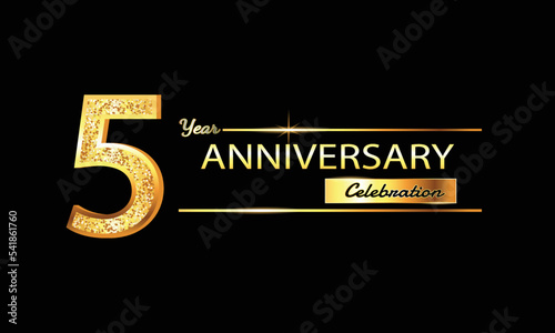 5 Year Anniversary celebration Vector Design. 5th Anniversary celebration. Gold Luxury Banner of 5th Anniversary celebration with glitter 3D. Vector anniversary photo