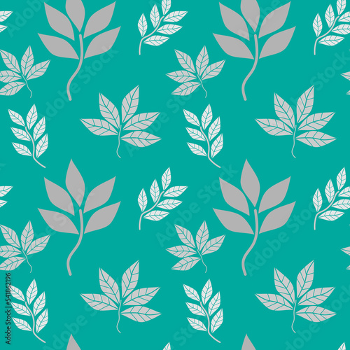 Silver leaves seamless pattern on green background. Geometric leaf line seamless patterns vintage retro vector illustration. Design for textile, wallpaper, clothing, backdrop, tile floor, wrapping.