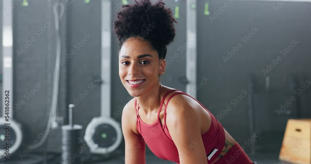 Exercise, motivation and portrait of black woman at the gym ready for ...