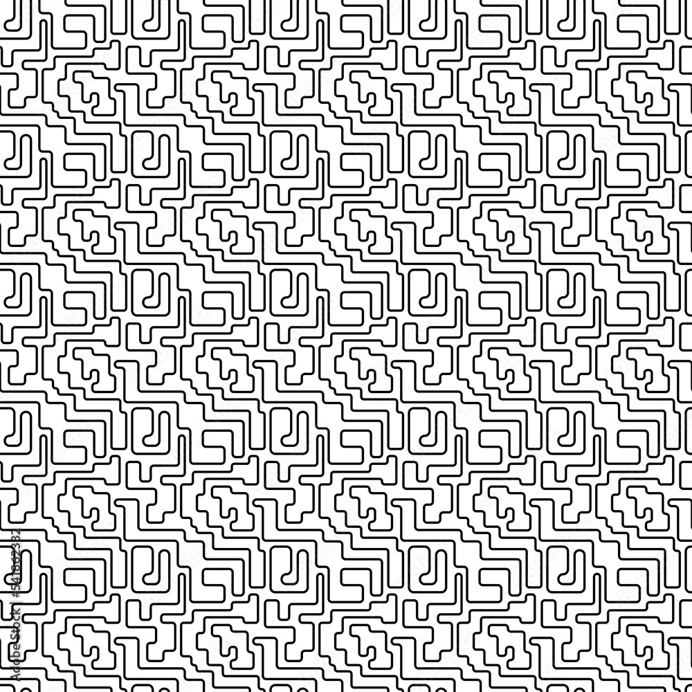 Abstract geometric line seamless pattern graphic stripes maze drawing background. Modern black and white design for textile, wallpaper, clothing, backdrop, tile, wrapping, fabric, art print. Vector