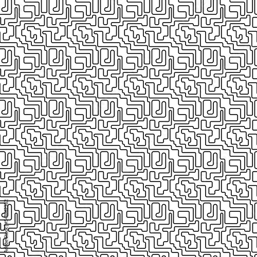 Abstract geometric line seamless pattern graphic stripes maze drawing background. Modern black and white design for textile, wallpaper, clothing, backdrop, tile, wrapping, fabric, art print. Vector