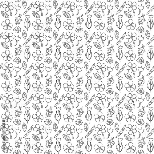Abstract geometric line seamless pattern graphic stripes drawing plant leaf flower background. Modern black and white design for textile, wallpaper, clothing, backdrop, tile, wrapping, fabric vector. © Kanisorn