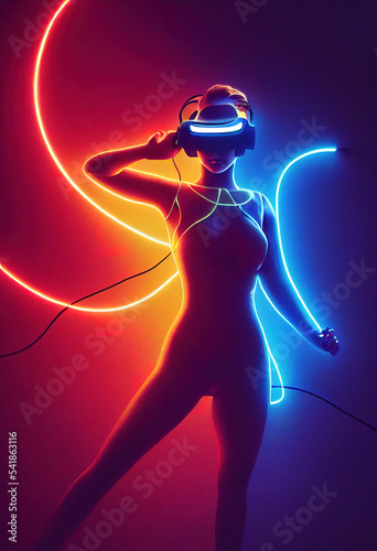 Spectacular futuristic woman in cyberpunk world with VR headset portrait with glowing ultraviolet neon light ray. Digital art 3D illustration cybergirl in bodysuit with futuristic glowing VR headset. photo