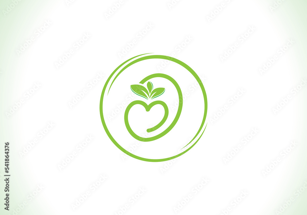 Love healthy and green nutrition leaf logo design with the letters. Green love leaf logo Love healthy and green nutrition leaf logo design with the letters. Green love leaf logo