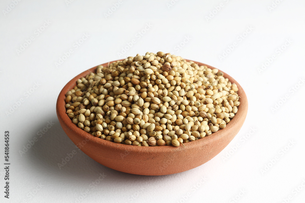 Coriander seeds in a terracotta bowl placed on a white background Coriander seeds in a terracotta bowl placed on a white background