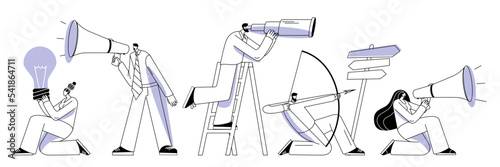 People with binoculars, a light bulb, a bow and a megaphone. A set of vector characters in the outline style for the design of mobile applications and social networks.