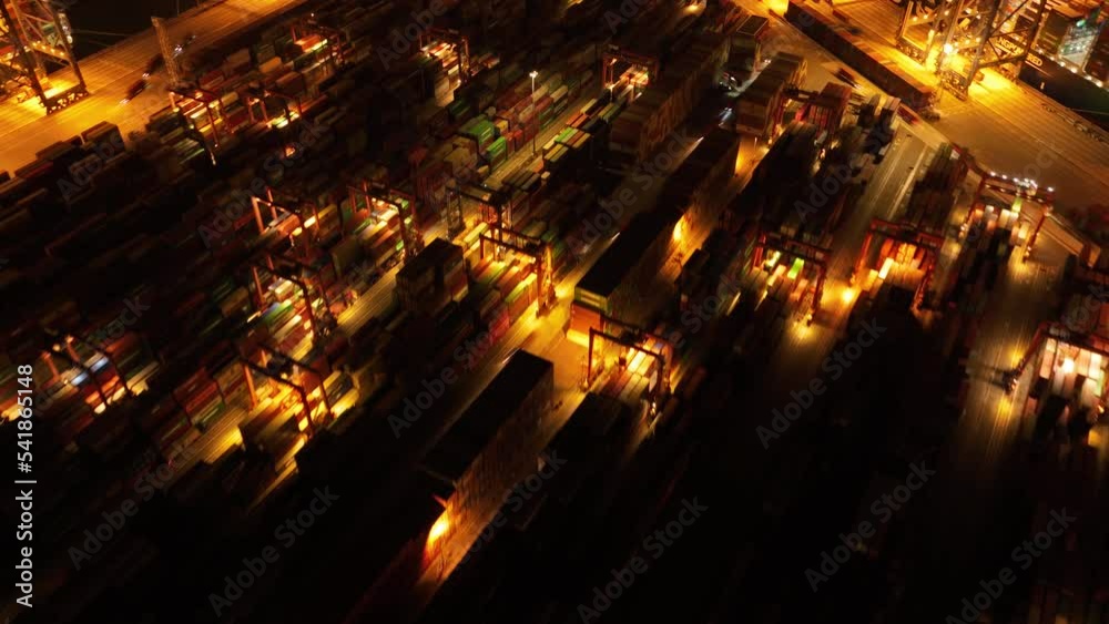 Shenzhen ,China - Circa 2022: Aerial footage of Yantian international container terminal at night in Shenzhen city, China