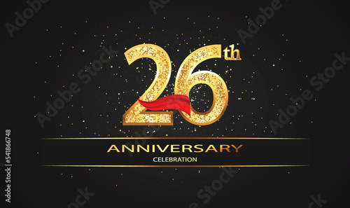 26 Year Anniversary celebration Vector Design with red ribbon and glitter. 26th Anniversary celebration. Gold Luxury Banner of 26th Anniversary. celebration card photo
