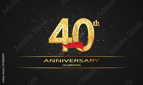 40 Year Anniversary celebration Vector Design with red ribbon and glitter. 40th Anniversary celebration. Gold Luxury Banner of 40th Anniversary. celebration card photo