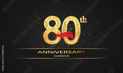 80 Year Anniversary celebration Vector Design with red ribbon and glitter. 80th Anniversary celebration. Gold Luxury Banner of 80th Anniversary. celebration card