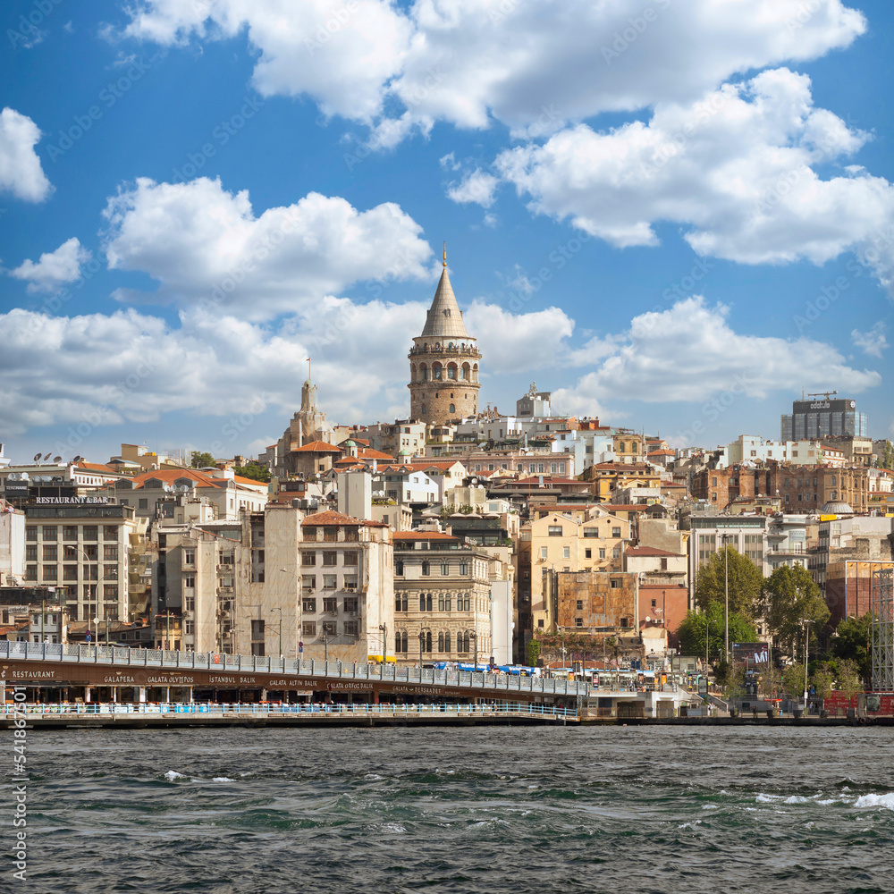 City view of Istanbul skyline, Turkey, from the Bosporous overlooking Galata Bridge with traditional fish restaurants and Galata Tower in the background