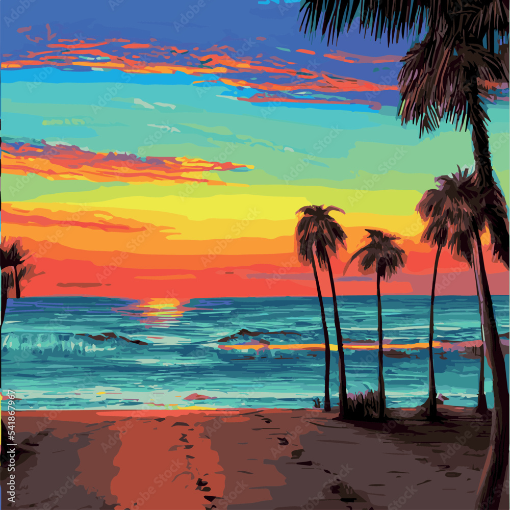 Evening beach with palm trees. Colorful picture rest. Vector