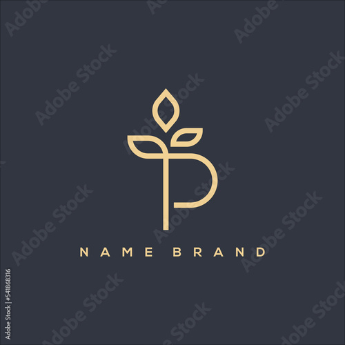 Line art initials P and leaf. Plant logo vector