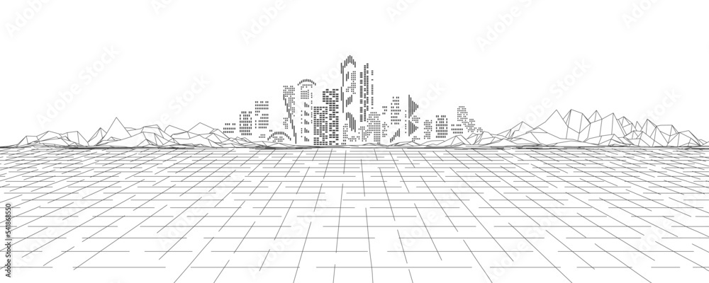 concept of digital city or technology world, dimension grid with polygon mountain and buildings - obrazy, fototapety, plakaty 