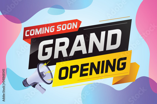 coming soon grand opening word concept vector illustration with megaphone and 3d, web, mobile app, poster, banner, flyer, background, gift card, coupon, label, wallpaper