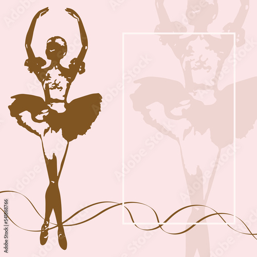 Silhouette ballerina in gold ballet tutu and pointe on pink background. Dancer in beautiful pose. Ballet. Concept poster design template.