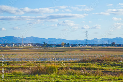 Lanscape of Aizu Wakamatsu surburb with mountains road and rice paddies, Aizu Wakamatsu, Fukushima, Tohoku, Japan.