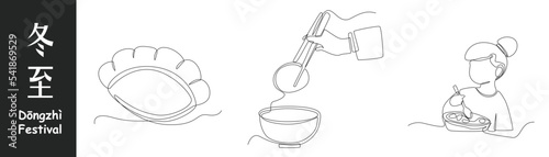 Continuous one line drawing dongzhi festival concept set. Pan-Fried Dumplings, dumplings balls with chopsticks and girl eat with dumpling bowl.  Single line draw design vector graphic illustration. 