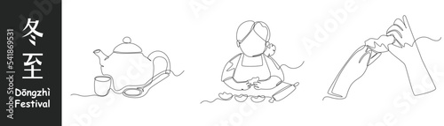 Continuous one line drawing dongzhi festival concept set. Traditional Teapot, girl makes Pan-Fried Dumplings and hand hold dumpling. Single line draw design vector graphic illustration.